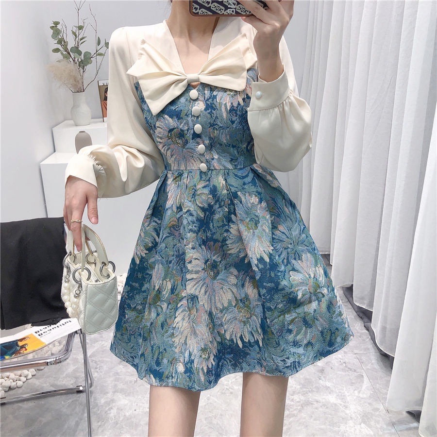 Đầm Chữ A Dài Tay Eo Cao In Họa Tiết Retro Châu Âu Thời Trang Cho Nữ