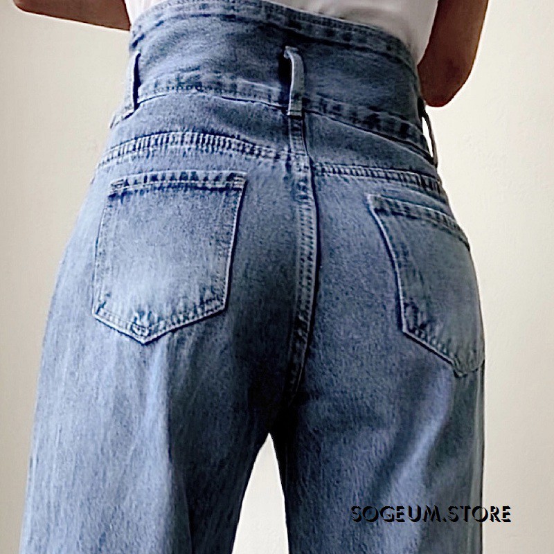 Quần jeans nữ dáng suông rộng, quần bò cạp cao tua gấu size SML sogeum.store