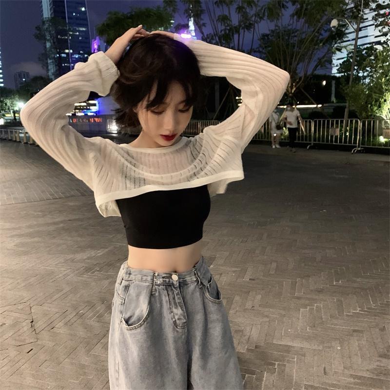 Áo Sweater Tay Dài Trong Suốt Nhẹ Nhàng Chống Nắng Thiết Kế Thân Ngắn Kiểu Nước Ngoài