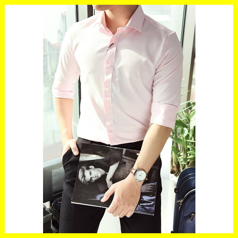 Sơ Mi trơn nam màu hồng chất cotton form ôm nhẹ cho nhiều lứa tuổi
