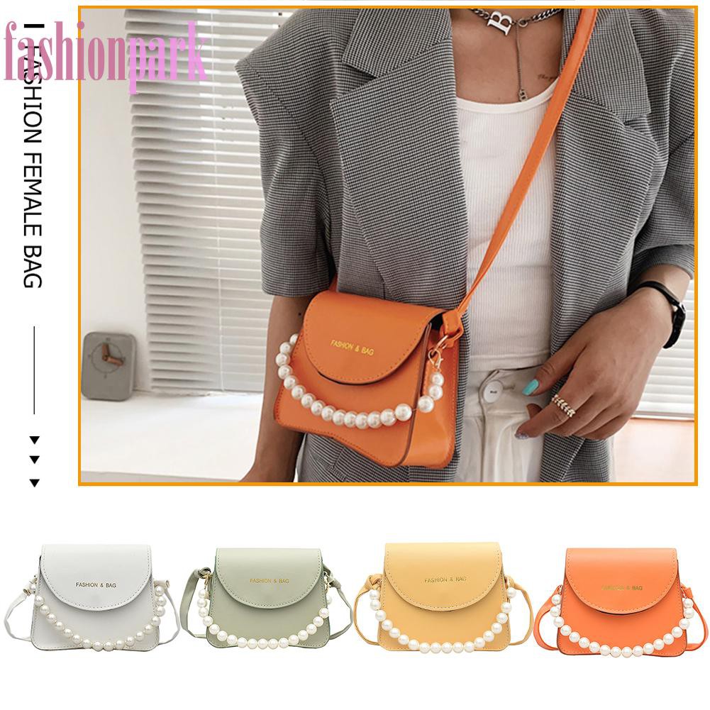 (FAS) Fashion Women PU Crossbody Bag Casual Ladies Pearl Chain Pure Color Handbag