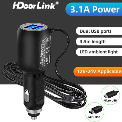 Tẩu sạc xe hơi HdoorLink 3.5M 5V 3.4A có 2 cổng Micro USB tẩu sạc nhanh ô tô cho Camera DVR GPS đầu vào DC 8V-36V phụ kiện ô tô