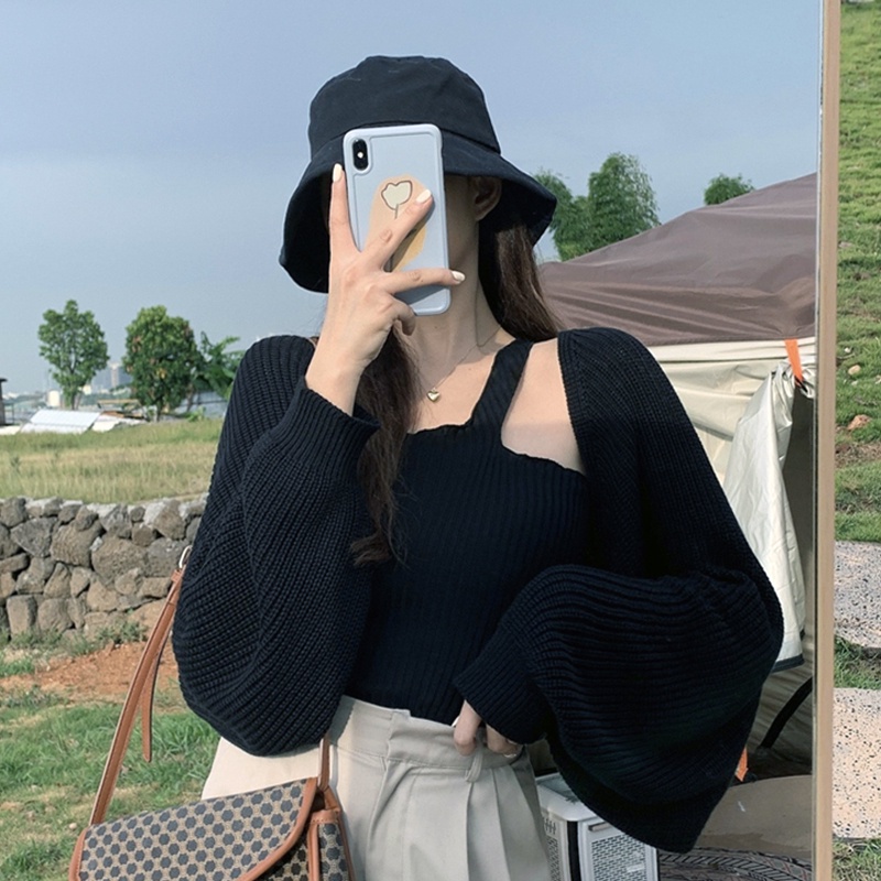 QKOOLE  Áo len và áo khoác cardigan  dáng rộng tay lồng đèn gợi cảm phong cách Hàn Quốc cho nữ