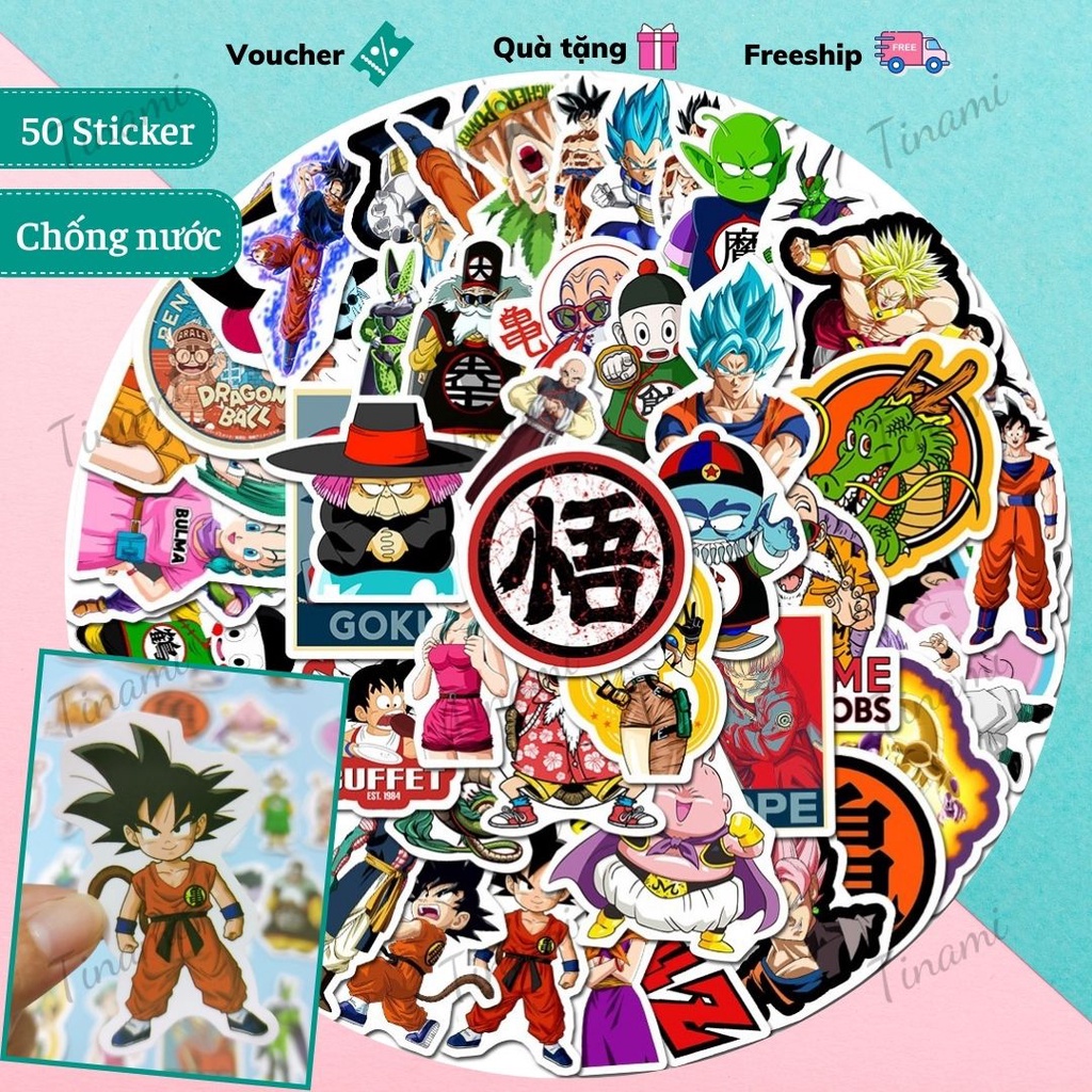 50 Sticker Dragon Ball 7 Viên ngọc rồng hình dán điện thoại laptop vali ván trượt mũ bảo hiểm xe máy decor phòng