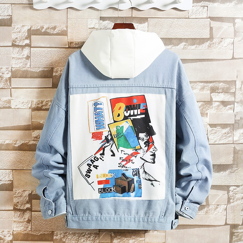 Men Autumn Graffiti Patchwork Loose Denim Jacket For Men Casual Pockets Turn Down Oversize Jeans Jacket