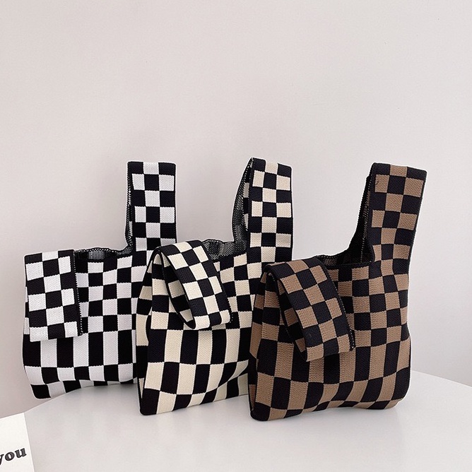 Túi Đeo Vai Đan Len Họa Tiết Sọc Caro Thời Trang Cho Nữ