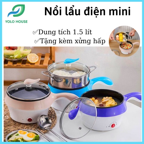 Nồi Điện Mini Hai Tầng Đa Năng Tặng Kèm Khay Hấp có thể Chiên, Xào, nấu cơm, nấu lẩu mini, Nồi lẩu mini điện đa năng