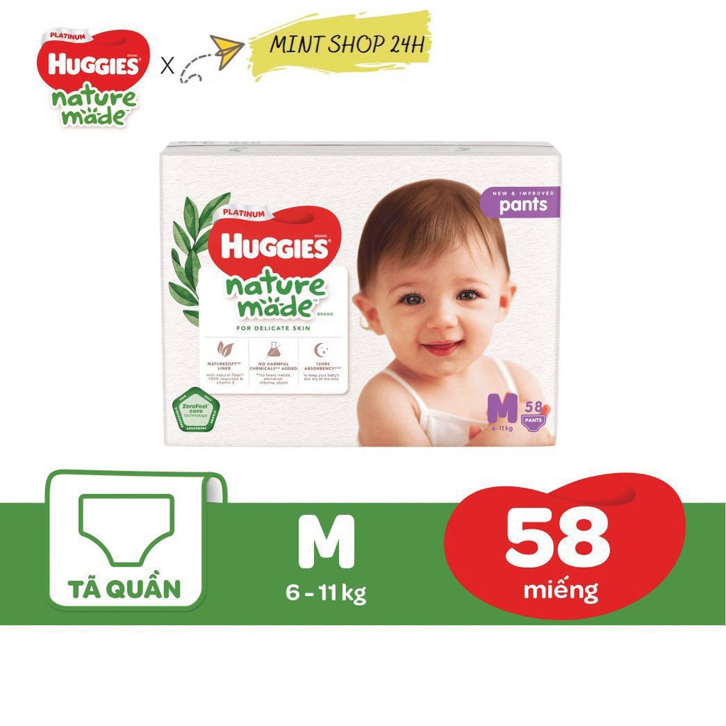 COMBO 3 Bỉm HUGGIES PLATINUM NATURE MADE size M58/L44/XL 38/XXL26/S82/NB60