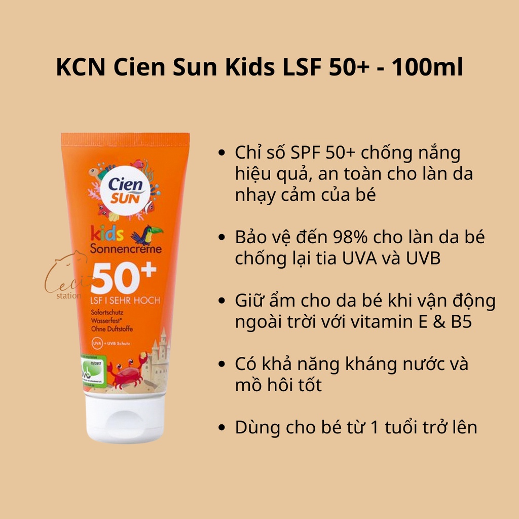 KCN Cien Sun Kids SPF 50+ mặt và toàn thân lành tính, an toàn cho trẻ em bé từ 1 tuổi