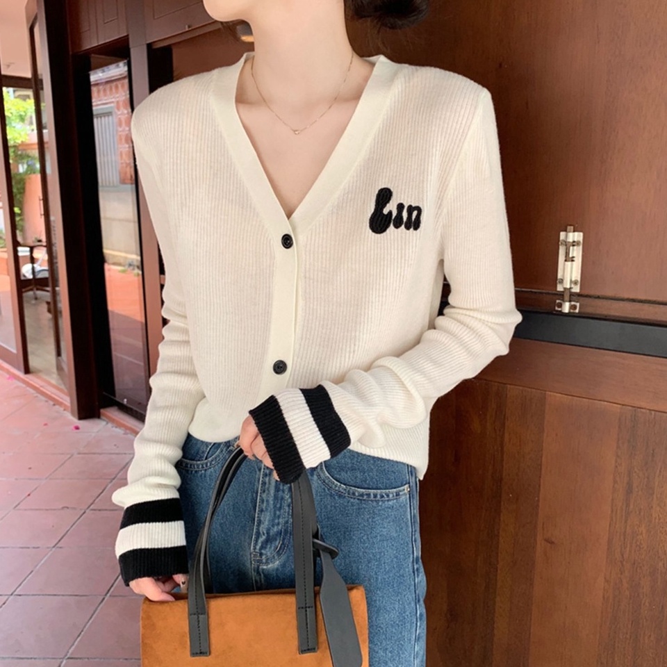 Áo khoác cardigan dệt kim ZHELIHANGFEI tay dài cổ V họa tiết thêu đơn giản dễ phối đồ