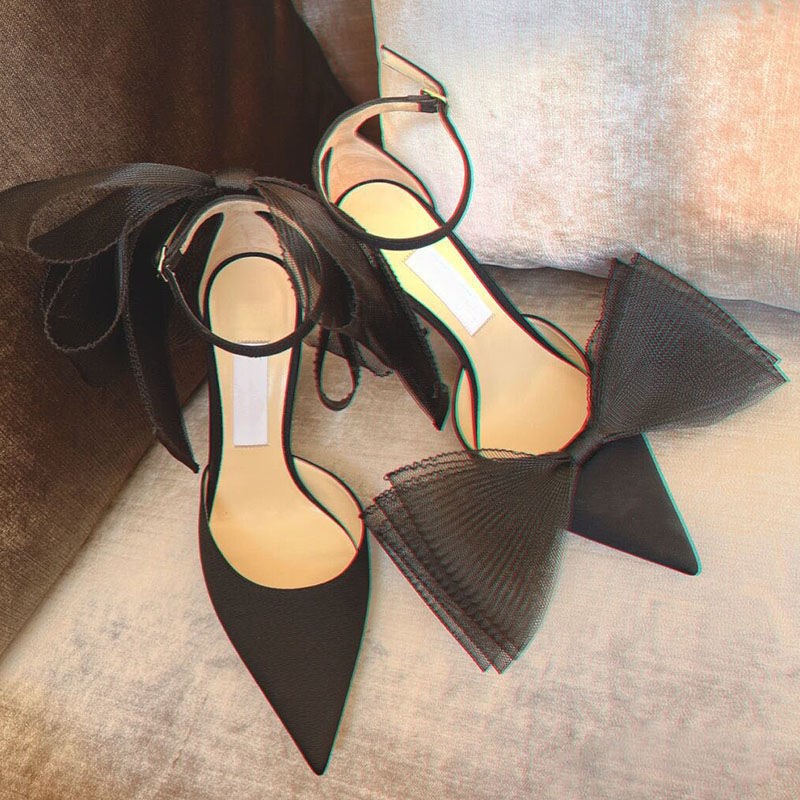 Giày Cao Gót Mũi Nhọn Đính Nơ Màu Đen Thời Trang Xuân Quyến Rũ Dành Cho Nữ 2022