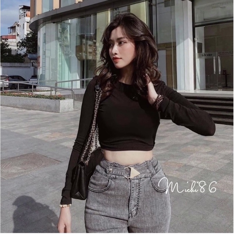 Áo croptop tay dài cổ tròn dáng ôm co giãn chất đẹp Michi, áo thun nữ dáng ôm dài tay cổ tròn co giãn chất đẹp Michi