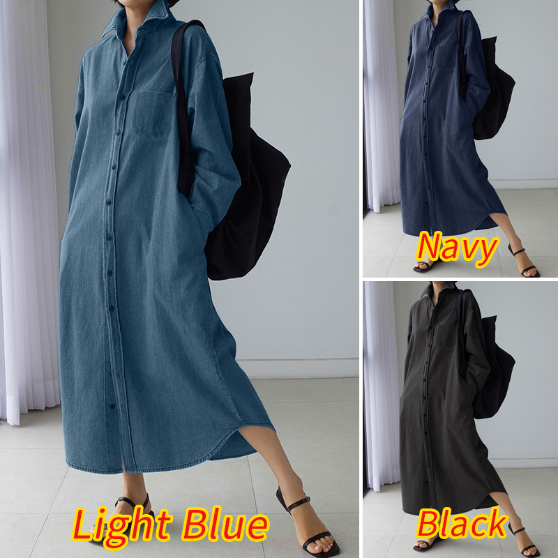 ZANZEA Đầm Nữ Dài Tay Cổ Bẻ Dáng Dài Rộng Thời Trang Hàn Quốc | BigBuy360 - bigbuy360.vn
