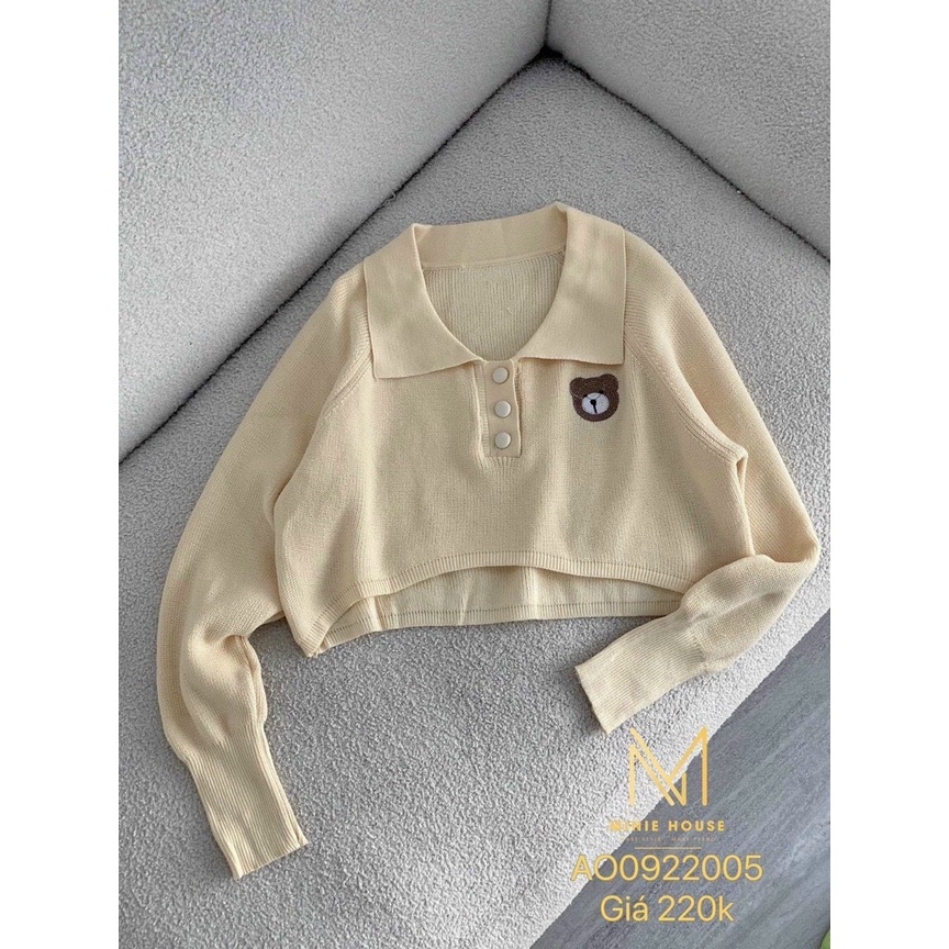 Áo len polo croptop thêu gấu tay đai