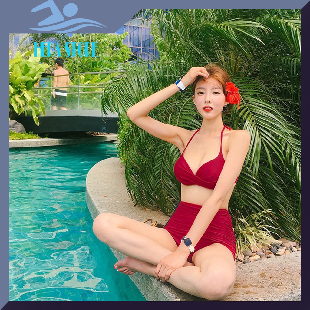 Bikini tắm biển 2 mảnh màu đỏ, quần cạp cao STORE HERA BKN06