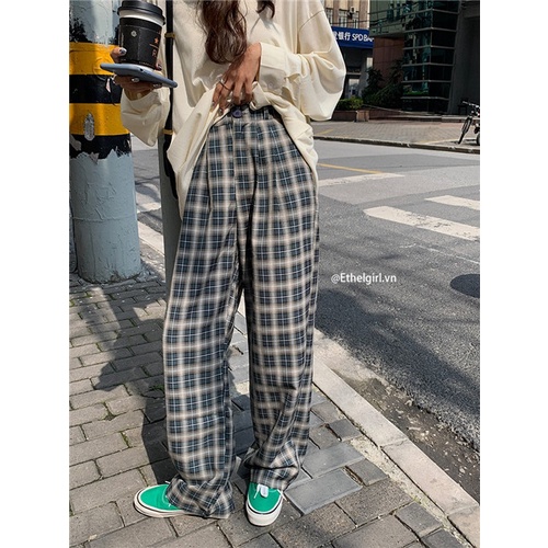 Quần ống rộng Họa Tiết Sọc Caro Thời Trang Phong Cách Retro Cho Nữ