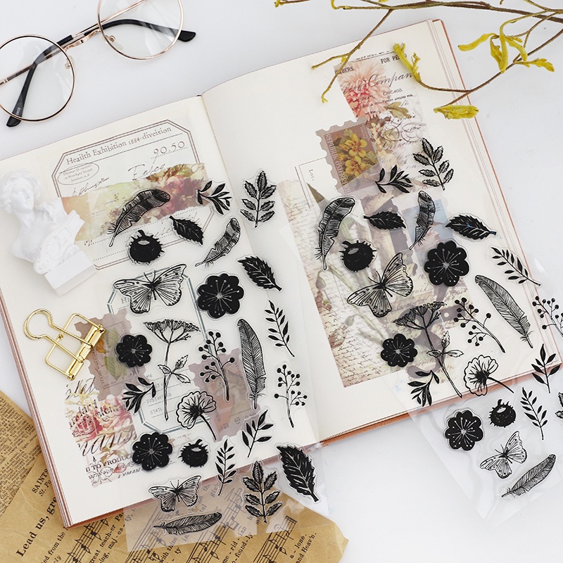Con dấu in trong suốt thiết kế hoa lá trang trí sổ tay DIY phong cách vintage