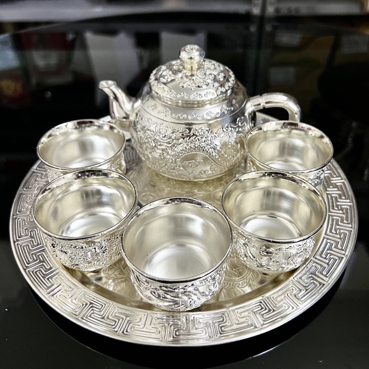 (Ảnh thật ) Bộ ấm chén Đồng mạ bạc cao cấp Long Phụng sum vầy( Rồng Phượng) NO1VIE