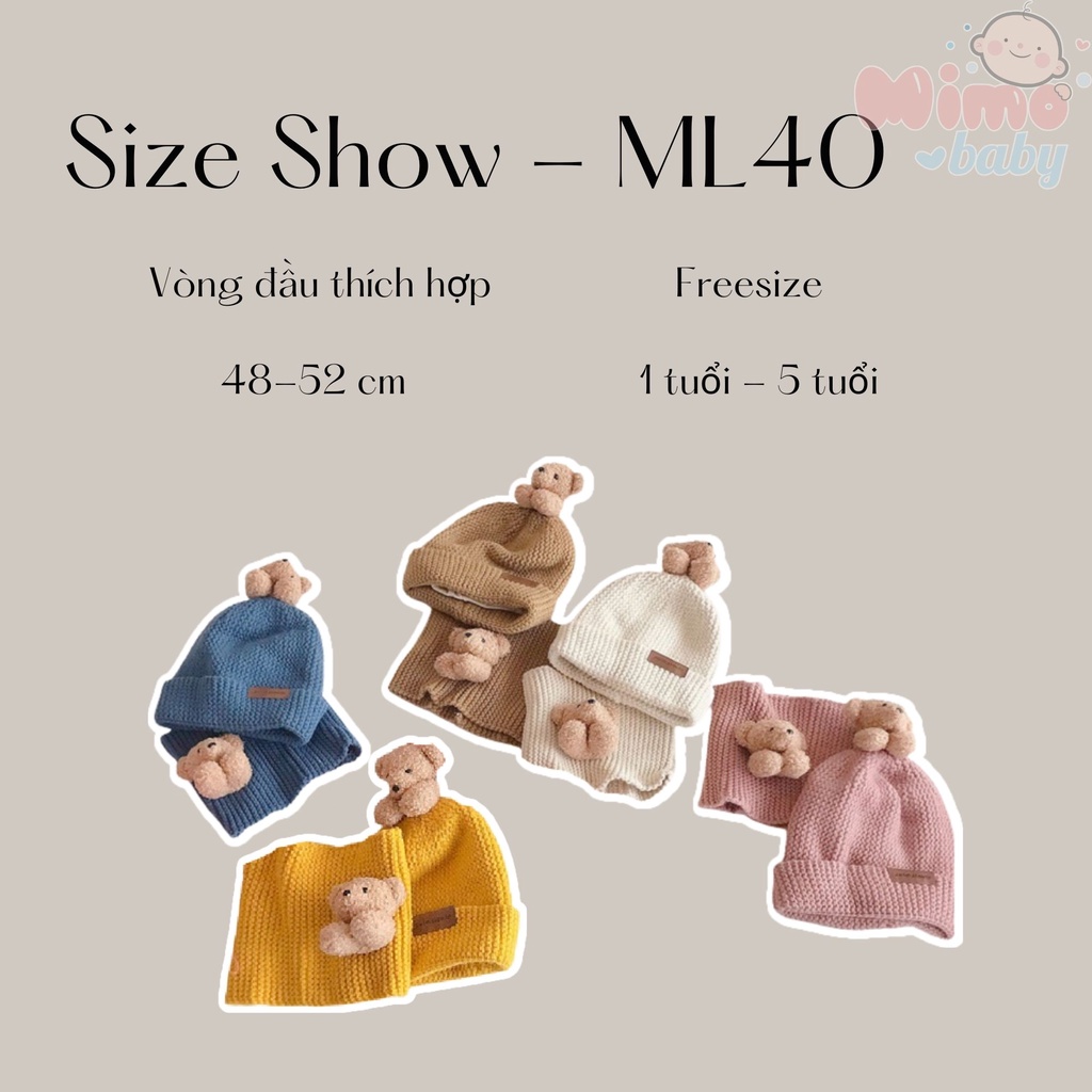 Set mũ kèm khăn len ống đính gấu bông cho bé 1-5y Mimo baby ML40
