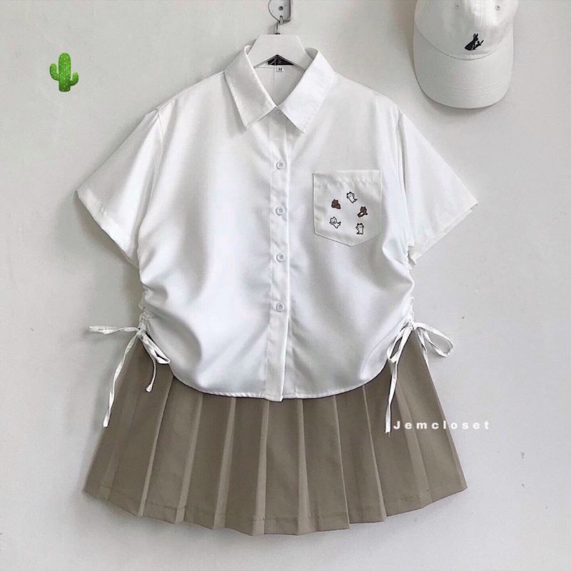 Áo Sơ Mi Rút Hàn phối túi thêu hình ngộ nghĩnh TN-PC❤