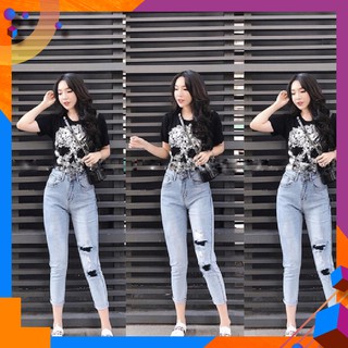 [Size Đại 32~36] Quần Jean Nữ 9 Tấc Xanh Đá - Lưng Cao, Co Giãn