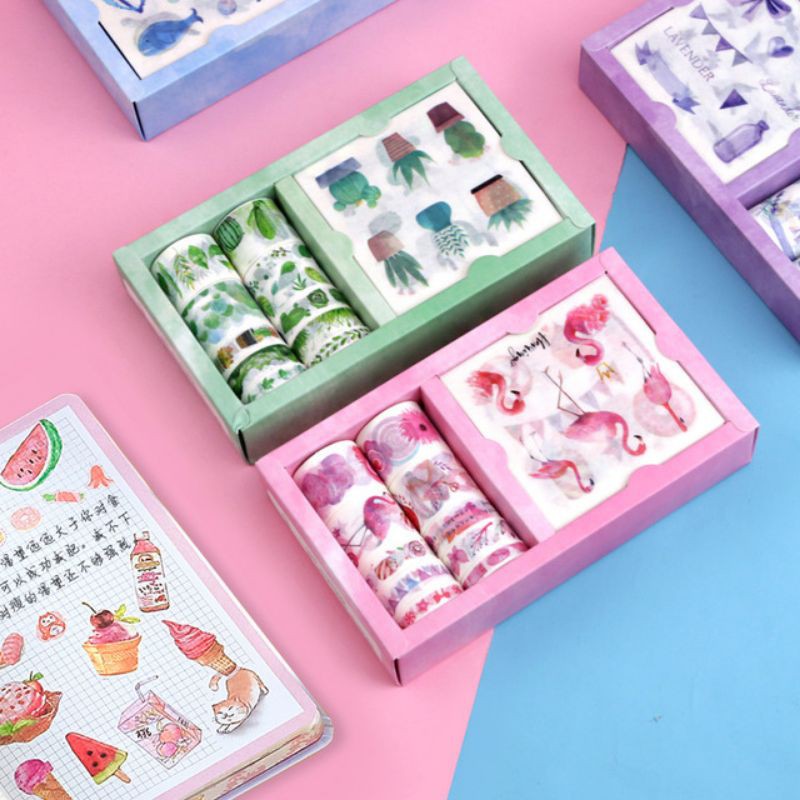 Set 10 cuộn băng dính washi tape + 10 tấm sticker trang trí