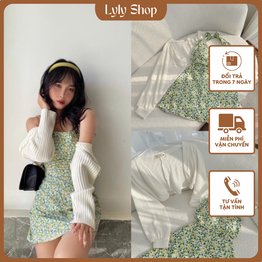 SET ĐẦM MIDI HOA XANH CỔ YẾM KÈM KHOÁC