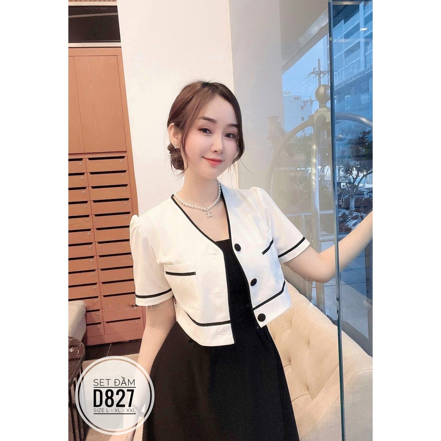 Sét đầm 2 dây kèm áo khoác viền  HH. bigsize chất cotton lạnh mềm mát