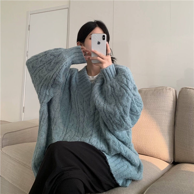 Áo len cổ chữ V dáng rộng thời trang thu đông mới