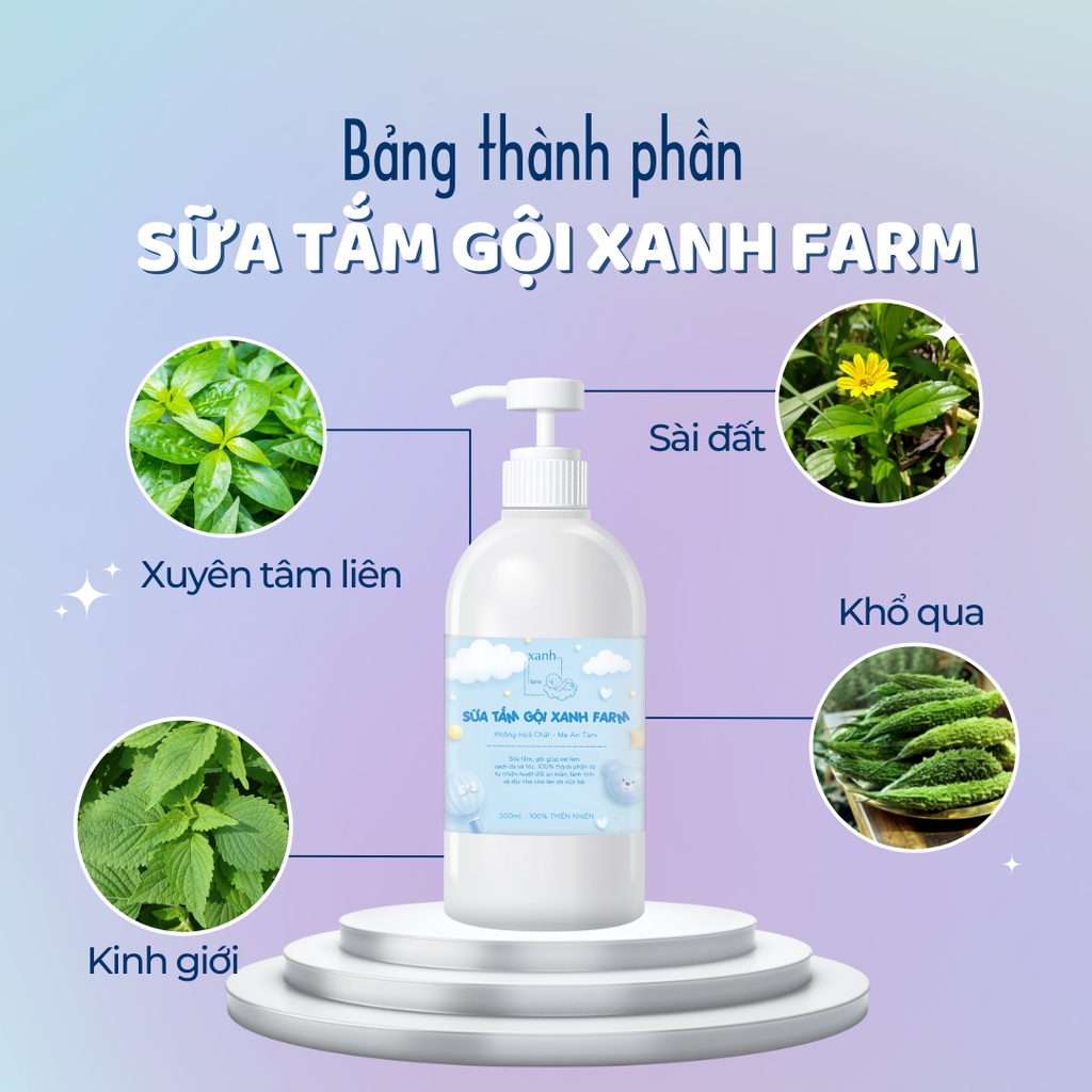 Sữa tắm gội cho bé, thảo mộc Xanh Farm, ngăn ngừa rôm sẩy, hăm tã, viêm da, Handmade, không hóa chất, không cay mắt