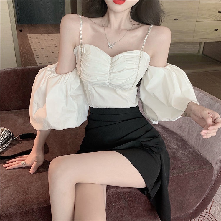 Bộ Áo Trễ Vai Tay Phồng + Chân Váy Chữ A Lệch Tà Thời Trang 2022