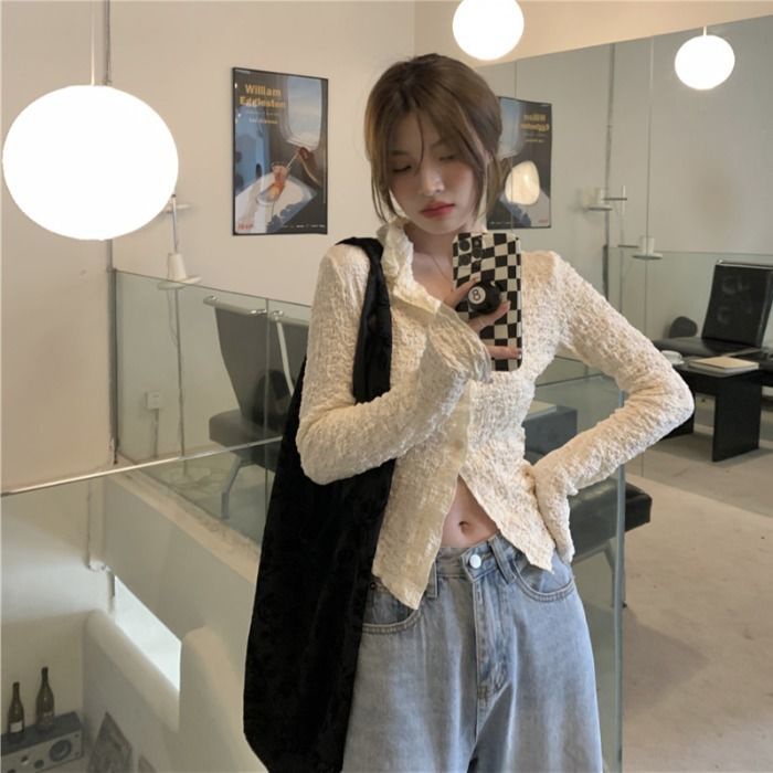 Áo sơ mi tay dài dáng ôm phong cách Retro Hàn quốc