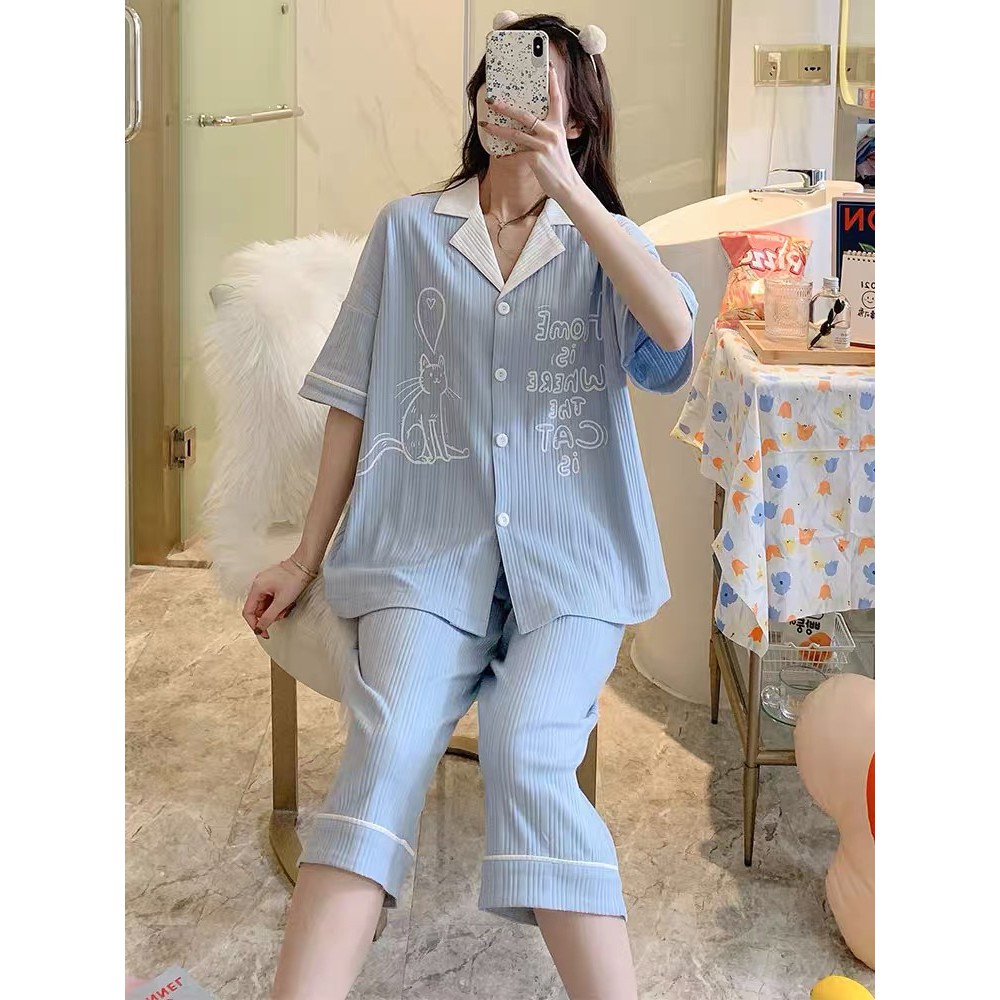 [MS 87] BỘ ĐỒ NGỦ PIJAMA LỬNG CỔ VEST HOẠ TIẾT MÈO ĐÁNG YÊU