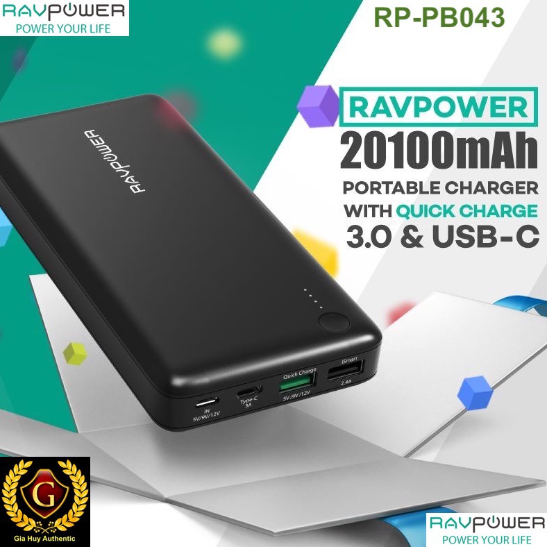 Pin sạc dự phòng RAVPower RPPB043 20100mAh QC 3.0 18W &amp; USBC 5V/3A (In/Out)