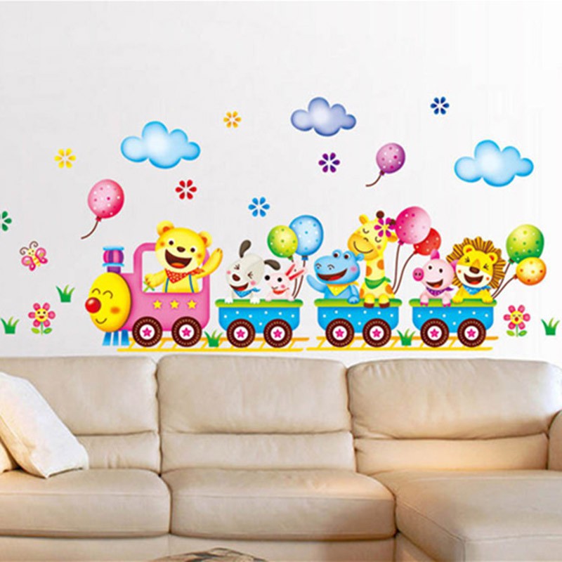 Decal dán tường phòng trẻ em dễ tháo rời hình đoàn tàu & bong bóng