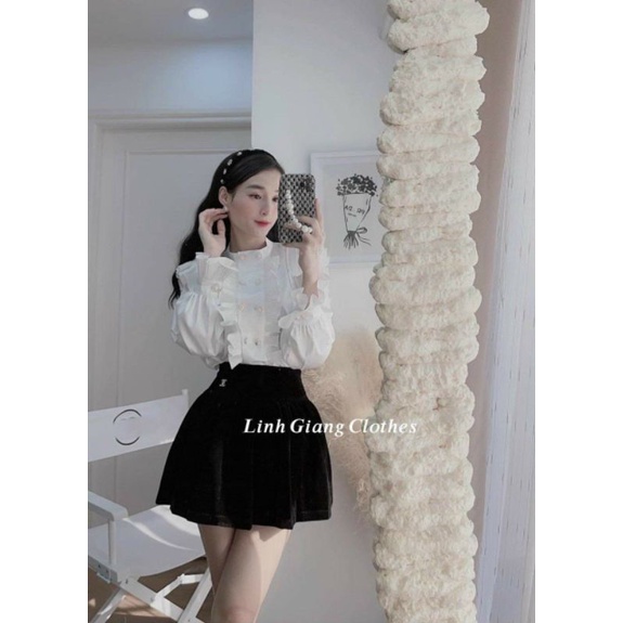 (Có ảnh thật) Áo sơ mi tay dài cổ trụ viền bèo dập ly đóng cúc ngọc Un.style