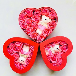 [Quà 8/3] Hộp quà tặng người yêu hình trái tim, đính kèm gấu siêu Cool, hộp đỏ bông hồng sáp thơm dễ chịu