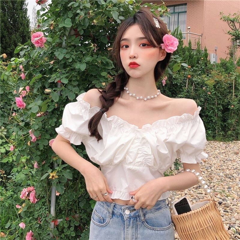 Áo Croptop nữ trễ vai tay ngắn bồng dáng ôm phong cách Hàn Quốc mã QD118