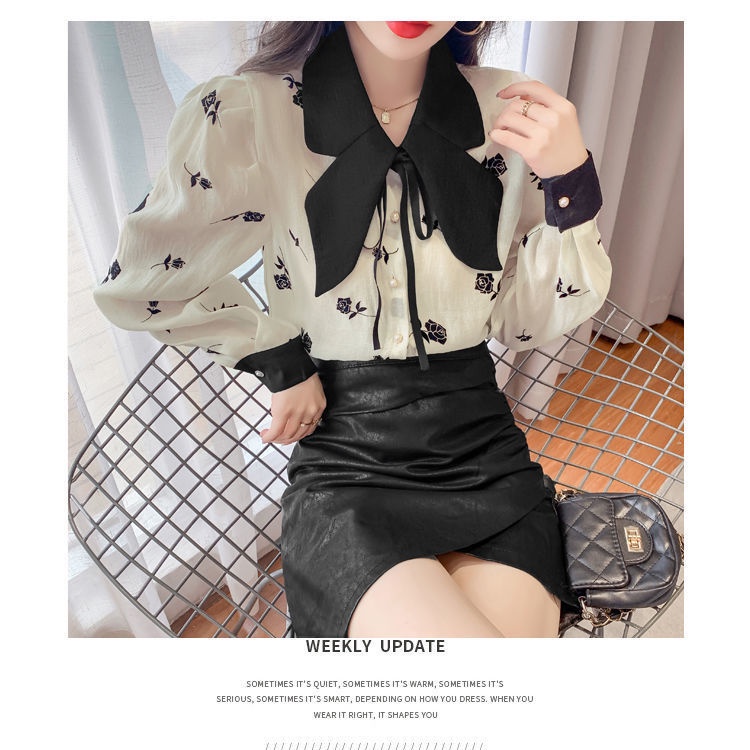 2022 autumn new bow collar Hepburn broken flower blouse feminine bubble long-sleeved chiffon bottomed shirt girl
