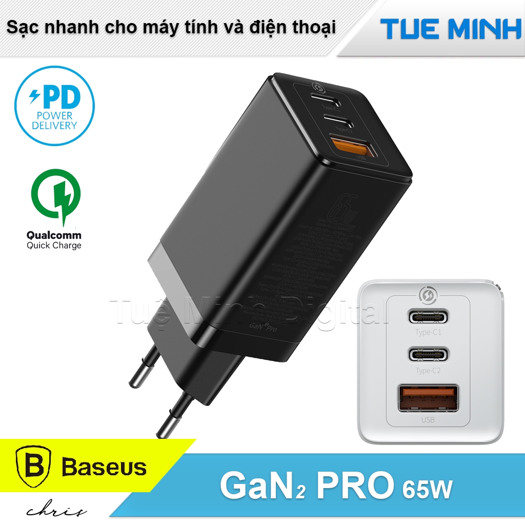 Bộ sạc nhanh đa năng Baseus GaN2 PRO Travel Quick Charger 65W dùng cho Laptop và điện thoại