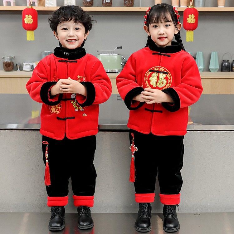 Bộ Quần Áo Nhung Phối Lông Cừu Phong Cách Trung Hoa Mừng Năm Mới Cho Bé 3-7 Tuổi 5 Tuổi