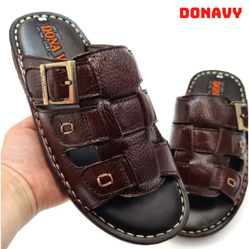 Dép da nam quai ngang da bò thật 100% DONAVY, Quai da bò cao cấp thiết kế khuy đồng đặc biệt, đế cao su cao 3.5cm - D3KD
