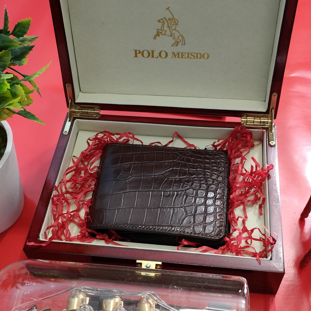 Ví Nam Cao Cấp Hàng Hiệu POLO MEISDO Da Cá Sấu Thật 100% FullBox Hộp Gỗ Làm Quà Tặng, Quà Biếu