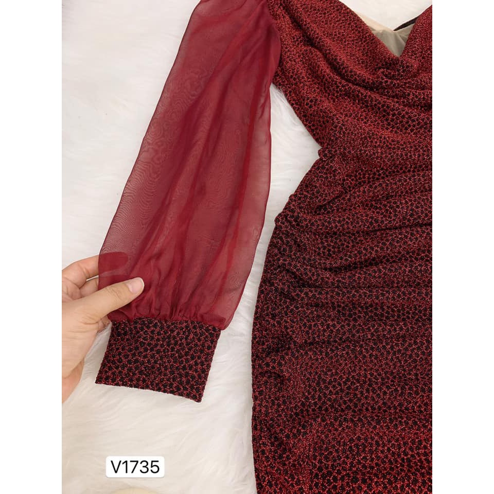 Váy ôm body dài tay cổ đổ chất nhũ co giãn màu đỏ size S, M, L, XL - DVC-maidieuhuyen V1735 MH