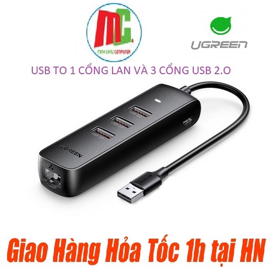 Cáp Chuyển USB 2.0 sang 1 cổng Lan RJ45 và 3 Cổng USB 2.0 Ugreen 20294 - Hàng Chính Hãng