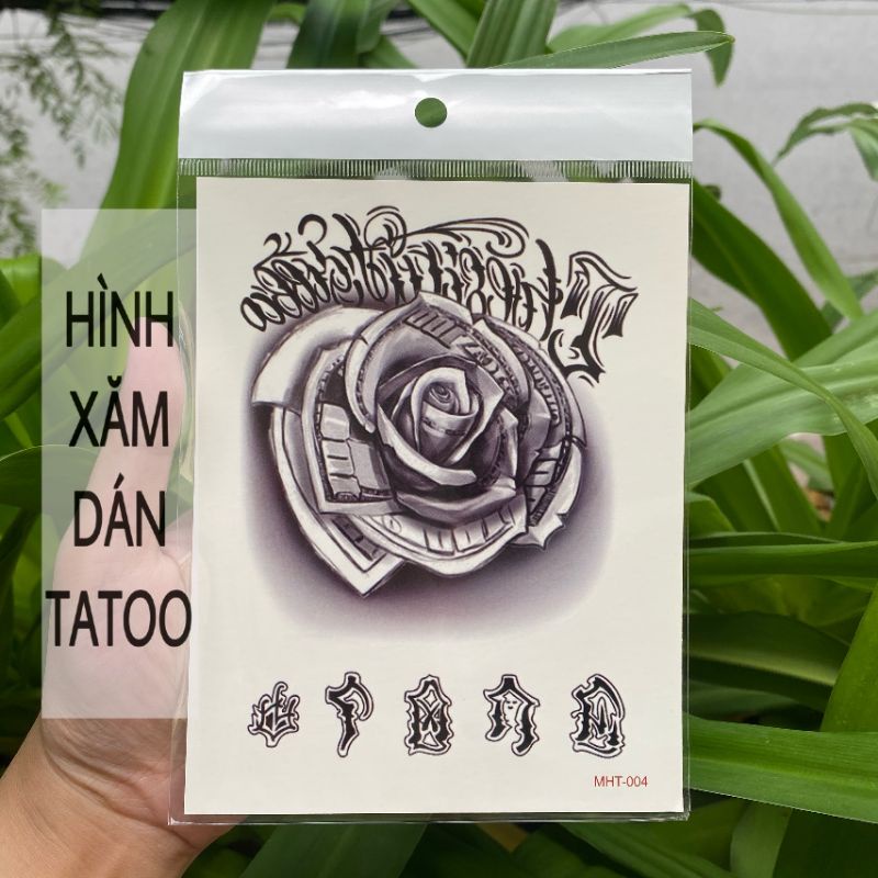 Hình xăm hoa hồng chữ phong cách MHT01 size bàn tay to &lt;12x16cm. Boss tatoo - xăm dán tạm thời