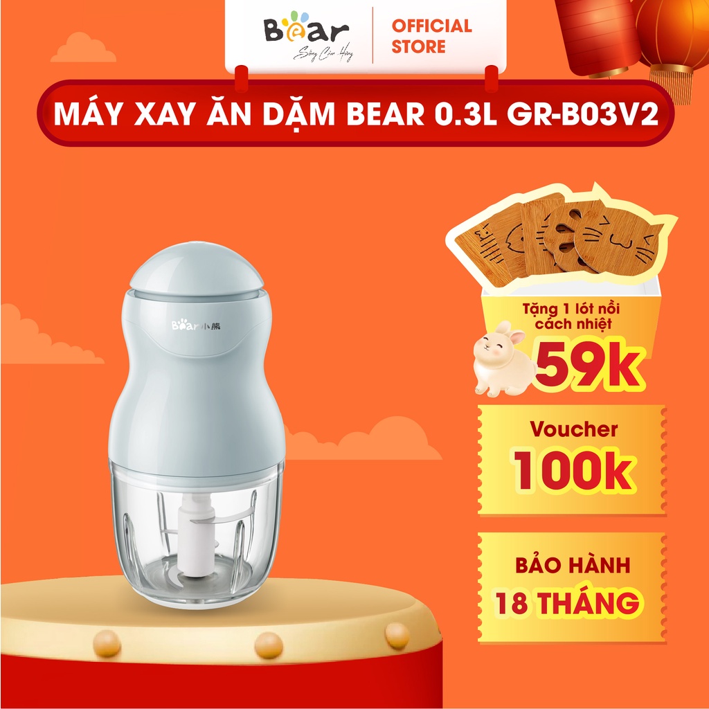 Máy Xay Ăn Dăm Cho Bé Bear Mini Cầm Tay Tiện Lợi Thiết Kế 3 Lưỡi Dao Sắc Bén, Chất Liệu Thuỷ Tinh Borosilicat - B03V2