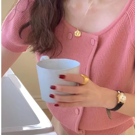 Áo Dệt Kim Tay Ngắn Cổ Tròn Hàng Nút Đôi Phong Cách Mùa Xuân Nhẹ Nhàng Kiểu Mới 49407