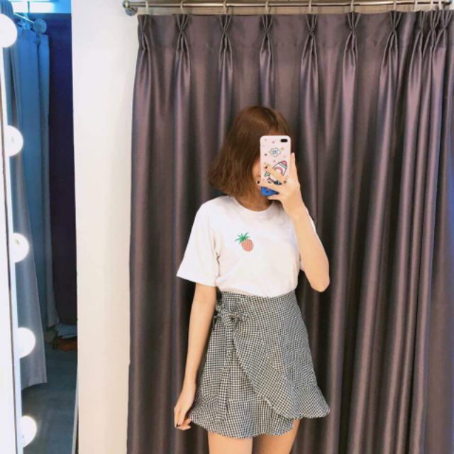 Set áo thêu trái thơm mix chân váy caro
