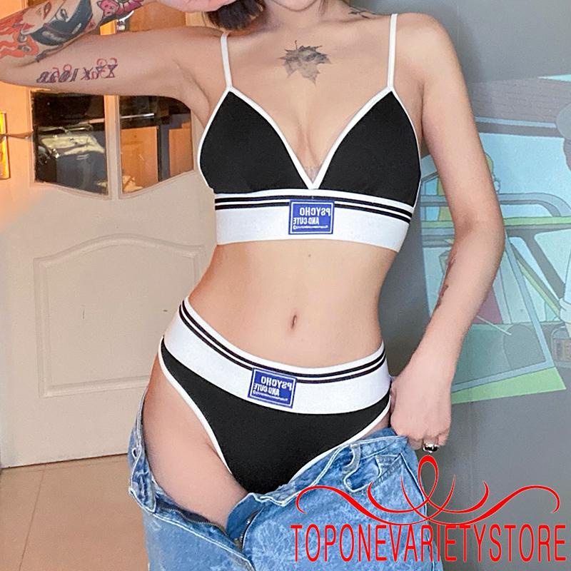 TOPQ-2Pcs Women Underwear Suit Letters Embroidery Spaghetti Strap Bra + High-Waist Briefs | BigBuy360 - bigbuy360.vn